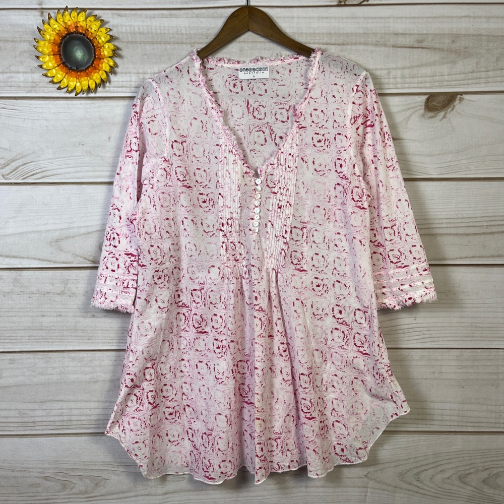 One season Australia Floral Tunic Top Pink Resort 3/4 thin cotton coverup L